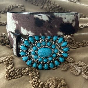 Turquoise Western Belt with Cowhide Pattern